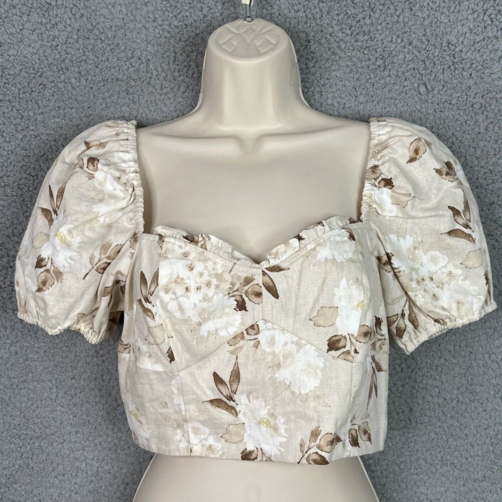 House of Harlow 1960 Samina Puff Sleeve Crop Top Cream Floral Linen Blend NWOT - Picture 12 of 12